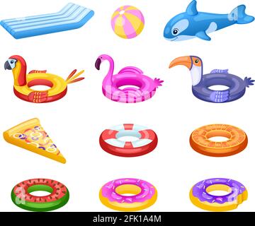 Aufblasbarer Schwimmer. Niedliche Meerwassermatratze, Sommer Pool Party Accessoires. Kinder Gummiringe, schwimmende Schwimmer Donut Flamingo Pizza Vektor-Set Stock Vektor