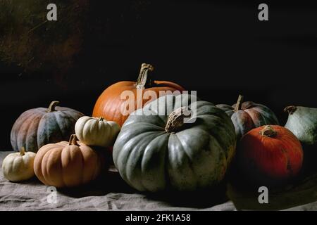 Bunte Kürbisse Kollektion verschiedene Größen und Sorten auf Leinen Tischdecke. Dunkles Stillleben. Herbsternte. Stockfoto