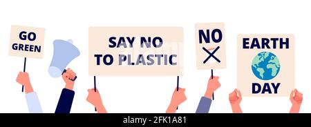Schonen Sie die Umgebung. Tag der Erde, gehen Sie grün und Öko-Welt. Hände halten Ökologieplakate und retten so Planetenbanner. Globaler Natur-Aktivismus und Freiwilligenarbeit Vektor Stock Vektor
