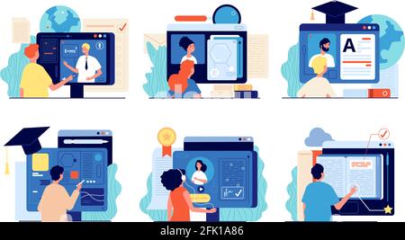 Fernschule. Internet-Bildung, Online-Schulungen und -Kurse. Computerpräsentation, Universitätsvideo. Leute testen Website Vektor-Set Stock Vektor