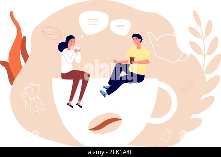 Büropause. Manager Lunch, Frau Mann trinkt Tee und Kaffee. Dating im Café, paar Gespräch mit Getränken Vektor Illustration Stock Vektor