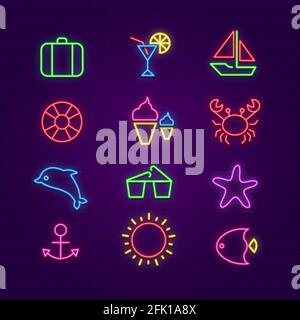 Sommer-Symbole. Sommerliche Beleuchtung Neon-Symbole. Sonnenbrille, Cocktail, jacht und Fisch glühenden LED Vektor-Set Stock Vektor