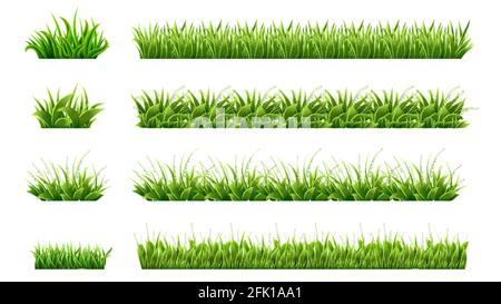 Rand mit grünem Gras. Landschaftlich gestaltete Rasenflächen, Wiesen Cliparts. Isolierte organische Rasenformen, Blätter und Gartenelemente. Realistische Frühling Sommer Natur Stock Vektor
