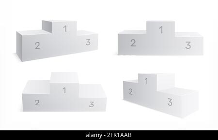 Siegerpodest. Isolierte Treppen, preisgekrönte Sockel. 3d-Projektionen von Siegerplattformen, erster Platz Sieg. Weiße Szenen, Vektorset für Standbilder Stock Vektor