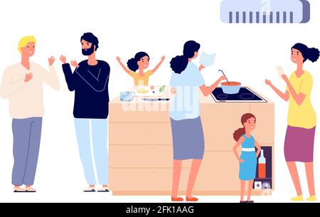 Party mit Essen. Frauen kochen, Männer reden. Familie mit Kindern in der Küche. Kulinarische Werkstatt ot Urlaub Vektor-Illustration Stock Vektor