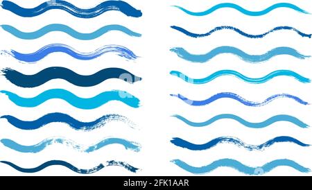 Wellenbürste. Cyan Wasser Wellen, isoliert schmutzig Grunge lackiert Pinsel. Blaue Grafik von Hand gezeichnete Vektorelemente Stock Vektor