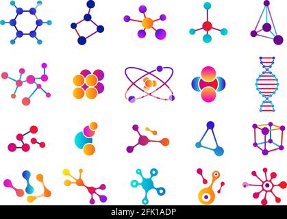Verbundene Moleküle. Biologische Elemente, abstrakte molekulare Formen. Biotechnologische oder chemische Konstruktionen. Vektorsymbole für Wasserpartikel Stock Vektor