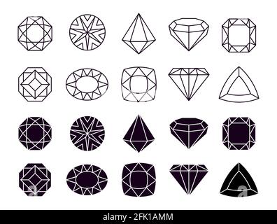 Diamanten-Symbole. Geometrische Schmucksymbole, Formen luxuriöse Brillanten. Isolierte Linie und Silhouette Edelstein Vektor-Set Stock Vektor