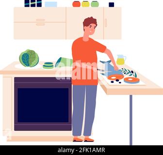 Mann Koch. Kerl schneiden Fisch in der Küche. Kochen, gesunde Ernährung und Ernährung. Isolierte männliche Zeichen Kochen Vektor-Illustration Stock Vektor