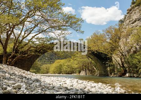 Kleidonia Steinbrücke über den Fluss Aoos oder Vjose im Vikos Nationalpark, nordwestliches Griechenland, Europa Stockfoto