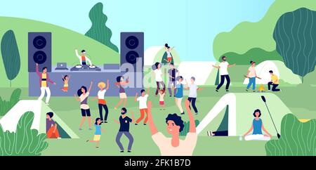 Open-Air-Festival. Glückliche Menschen mit tanzenden Kindern. DJ-Set auf Camping, Sommerurlaub. Tourismus, Urlaub auf Natur Vektor Illustration Stock Vektor