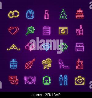 Neonschild für Hochzeiten. Party Ehe glühen Symbole. Braut Bräutigam Kuchen, Ringe und Schuh. Club, Webseite, feiern Vektor-Symbole gesetzt Stock Vektor