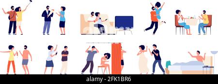 Liebe und Ehebruch. Cartoon Ehemann Ehefrau. Familienuntreue, Herrin und betrügender Mann. Ehepartner oder Freund versteckt Liebhaber Vektor-Illustration Stock Vektor