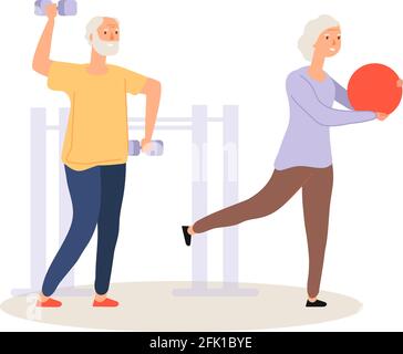 Aktives Leben älterer Menschen. Alte Leute trainieren. Großeltern Fitness, Mann und Frau Workout Vektor Illustration Stock Vektor