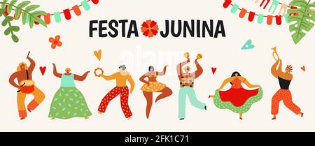 Festa Junina. Traditionelle brasilianische Party. Tanzender Karneval, lateinisches juni-Fest-Poster. Sommerurlaub Frau Mann mit Maracas. Spaß Tanz Menschen Vektor Stock Vektor