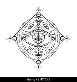 Alle sehen Auge. Schwarzes Illuminati-Symbol, Vorsehung geäugtes Emblem. Isoliertes Vintage Schutz okkultes Tattoo. Esoterische Vektorgrafik Stock Vektor