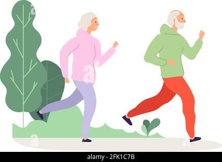 Ältere Menschen beim Laufen. Großeltern parken Workout, glückliche alte Leute joggen. Mann Frau Aktivität auf der Natur, glücklich Ausbildung Vektor-Illustration Stock Vektor