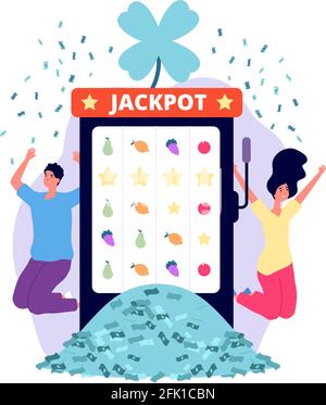 Jackpot-Gewinner. Online Casino, glücklicher Mann Frau mit Geldstapel. Menschen spielen Lotterie auf Spielautomaten Vektor-Illustration Stock Vektor