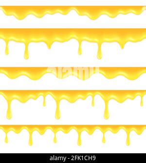 Tropfender Honigrand. Fließender Ölsirup, tropft der Fluss. Isolierte realistische geschmolzene goldene köstliche Karamell oder Sauce Vektor nahtloses Muster Stock Vektor