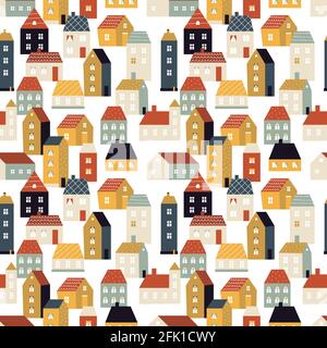 Hausmuster. Kleine Stadt, netter skandinavischer Hintergrund mit Häusern. Landleben, Nachbarschaft Vektor nahtlose Textur Stock Vektor