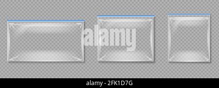 Kunststoffbeutel. Isolierte transparente leere Ordner mit Reißverschlüssen. Vektormockup mit Polyethylen-Paket Stock Vektor