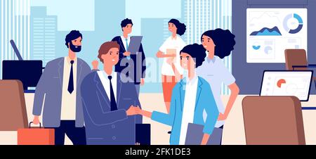 Handshake für Geschäftsreisende. Unterzeichnung von Unternehmensverträgen, Zusammenarbeit oder Zusammenarbeit. Geschäftsleute Partner Treffen im Büro Vektor Illustration Stock Vektor