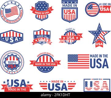 Amerikanische Labels. Hergestellt in usa Siegel Abzeichen Design. Patriotisches Logo oder Stempel. Isolierte Tags mit Flagge von amerika und Sternsymbolen Vektorset Stock Vektor