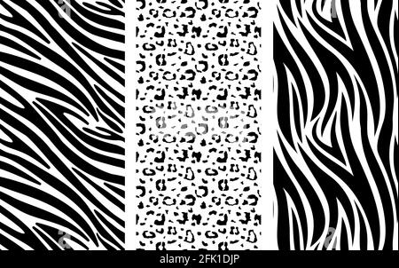 Set mit Tierdruck. Leopard, Zebra-Hautmuster. Schwarze Punkte und Streifen Hintergrund. Afrikanische Tierwelt, Safari trendy Vektor nahtlose Textur Stock Vektor