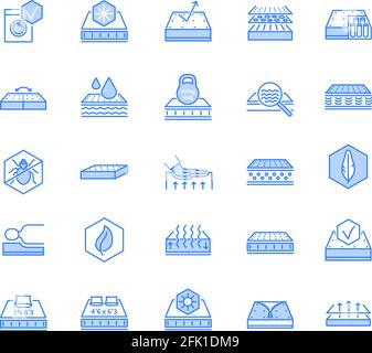 Symbole für orthopädische Matratzen. Memory-Schaum, natürliche Bettwäsche Linie Symbole. Atmungsaktives, Latex- und waschbares Vektor-Set aus weichen orthopädischen Outline-Betten Stock Vektor