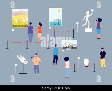 Besucher der Kunstgalerie. Menschen im Museum, Ausstellung von Gemälden und antiken Exponaten. Rundgang durch die Galerie zeitgenössische Künstler Vektor-Illustration Stock Vektor