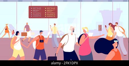 Mitarbeiter im Flughafenterminal. Mann Frau und Koffer. Weibliche in der Wartelounge, flache Reisende und Touristen Gruppe Passagier Vektor-Illustration Stock Vektor
