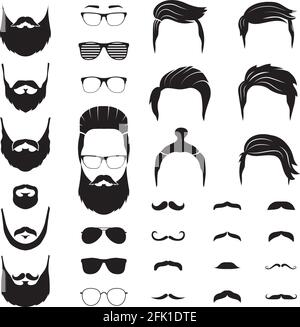 Hipster-Mann. Männerbart, Schnurrbart. Isoliertes Männergesicht mit Brille. Fashion Barber Shop Ikonen. Vektordarstellung des Konstruktors im Hochformat Stock Vektor
