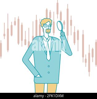 Investitionssuche. Finanzielle Leistung, Geschäftserfolg. Börsenmakler oder Buchhalter, Bankmanager mit Lupe. Gute Finanzierungsmöglichkeiten Stock Vektor