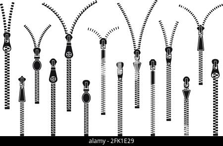 Geschlossene Reißverschlüsse öffnen. Modische Silhouette mit Reißverschluss. Flat Connect dekorative Abzieher, isolierte Verschlüsse für Bekleidung oder Schneiderei-Vektor-Set Stock Vektor
