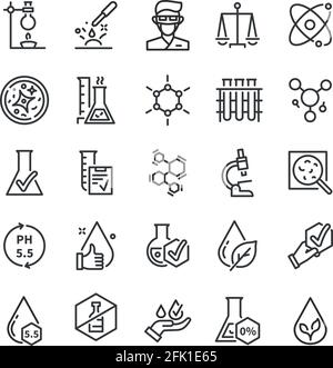 Symbole für Qualitätstests. Dermatologie, künstliches freies oder hypoallergenes Symbol. Hauttests, kein Geschmack und kein Alkohol. Vektorsymbole recherchieren Stock Vektor