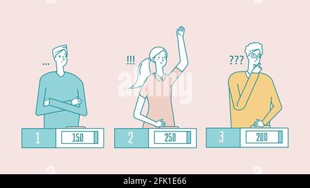 Quizshow. Junge kluge Menschen, Studenten spielen Spiel. Girl Answer, Gewinner der TV-Show. Linie flach denken Mann Frau Vektor-Illustration Stock Vektor