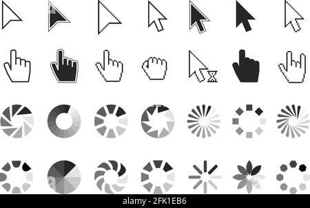 Zeigersymbole. Hand-Cursor-Klick, warten Ladezeichen. Elemente der Computer- und Website-Benutzeroberfläche. Linien- und Pixelcursors, schwarze Pfeile und Zeiger-Vektor Stock Vektor