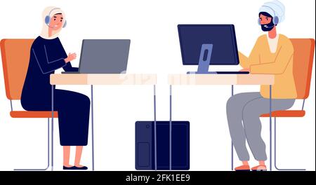 Callcenter-Betreiber. Frau Mann Kundenservice, Büroleiter. Angestellte am Schreibtisch mit Kopfhörer, Vektor-Illustration für junge Arbeiterinnen Stock Vektor