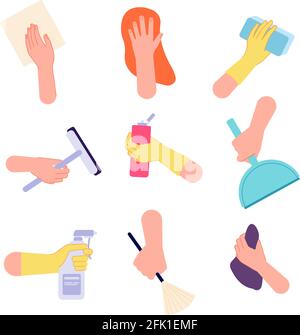 Handreinigung. Hände wässern, halten Sprühflasche Bürste Sanitäranlagen. Symbole für isolierte Hausarbeiten mit Vektorgrafik für Waschmittelwerkzeuge Stock Vektor