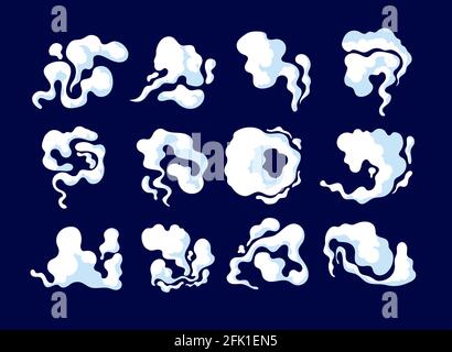 Cartoon-Rauch. Staubwolken Formen, Autonebel. Raucher- oder Geruchselemente, White-Puff-Trail oder Bombe-Explosion-Effekt-Vektordarstellung Stock Vektor