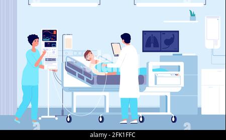 Krankenhauszimmer. Patient im Bett, Arzt Krankenschwester mit Dropper, die medizinische Versorgung. Flache Intensivtherapie Behandlung Klinik Vektor Illustration Stock Vektor