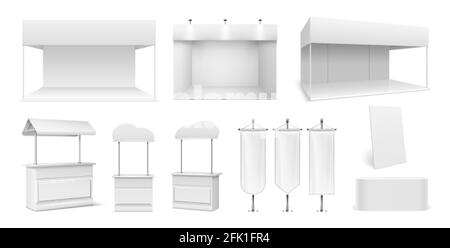 Realistische Promo-Stände. Leere Zelte, weiße Tafeln und Displays. Werbetheken, Showrooms oder Marktstände. Handelskonstruktionen, 3D-Werbung Stock Vektor