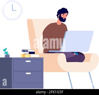 Freiberuflicher Mitarbeiter. Fernarbeit, Mann bleibt zu Hause. Isolations- oder Quarantänezeitraum. Flat guy chatten, online einkaufen oder surfen Internet-Vektor Stock Vektor