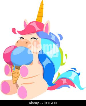 Glückliches Einhorn mit Eis. Kleines magisches Pferd, das leckere Desserts isst. Café Bar Bäckerei oder Café Print Design. Isolierter Vektor mit süßen Zähnen Stock Vektor