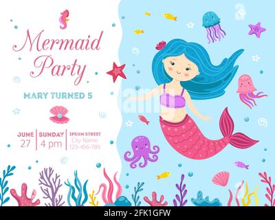 Meerjungfrau-Party. Nette Prinzessin Geburtstagseinladung mit Meer Leben. Kleines Mädchen Feier Karte, Kinder Baby marine festliche Vektor Illustration Stock Vektor