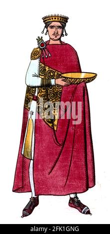 Justinian I. Porträt des byzantinischen Kaiser, Justinian der große (Flavius Petrus Sabbatius Iustinianus, 482-565), 19. Jahrhundert Zeichnung aus einem Mosaik c.. 540, handkolorierte Gravur. Stockfoto
