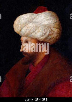 Mehmed II Porträt des osmanischen Sultans, Mehmed II (1432-1481), allgemein bekannt als Mehmed der Eroberer, von Gentile Bellini, Öl auf Leinwand, um 1480 Stockfoto