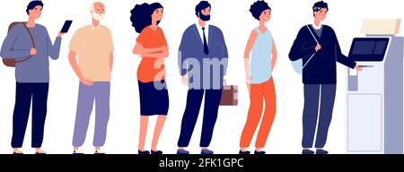 ATM-Warteschlange. Menschen warten Schlange, Bank Maschine Gesicht Anerkennung für finanzielle Sicherheit. Frau Mann brauchen Bargeld, digitale Zahlung Vektor Illustration Stock Vektor