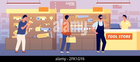 Werkzeugspeicher. Arbeitswerkzeuge, Hardware-Bau-Reparatur-Instrument. Verkäufer und Kunden, Werkstatt-Baumeister und Arbeiter Vektor-Illustration Stock Vektor