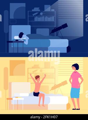 Aufwachen des Kindes. Das Kind saß im Schlafzimmer auf dem Bett, Mutter und Sohn am frühen Morgen. Schlafen und wach glücklich Junge, Nachtruhe Vektor-Illustration Stock Vektor